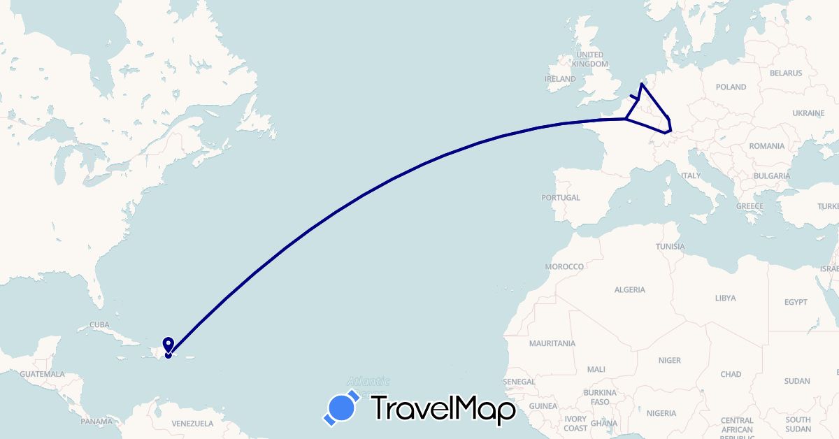 TravelMap itinerary: driving in Belgium, Switzerland, Germany, Dominican Republic, France, Netherlands (Europe, North America)